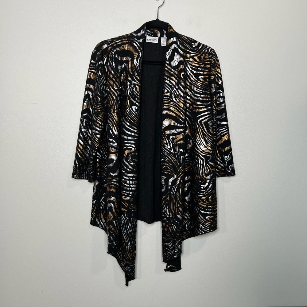 CHICO'S Glam Metallic Gold Silver and Black Open Front Cardigan Layer size 1 - Picture 2 of 10